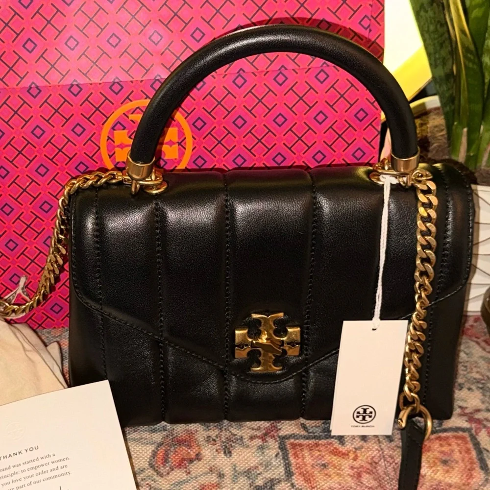 Tory Burch Kira Small Quilted Leather Top Handle Satchel Black Gold NWT - Picture 6 of 11
